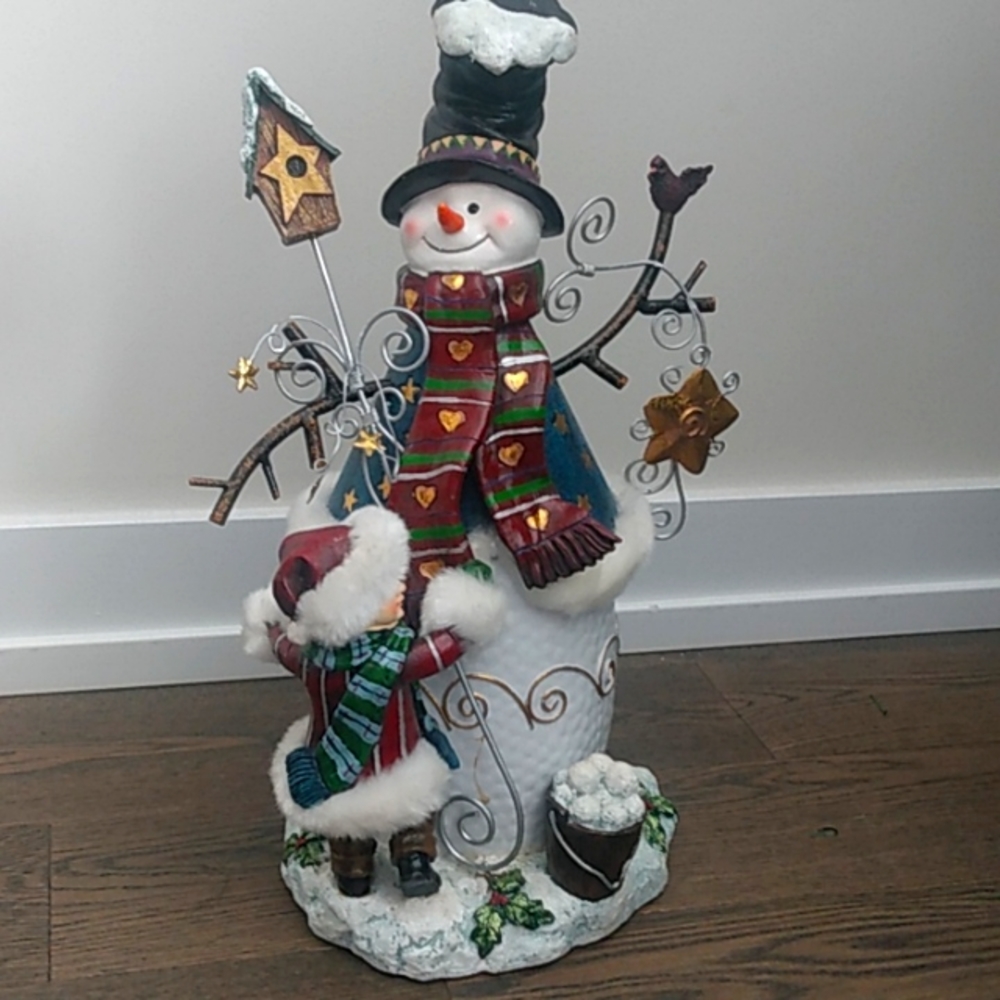 Decorative Festive Snowman Figurine Hand Crafted and Painted with Metal Accents